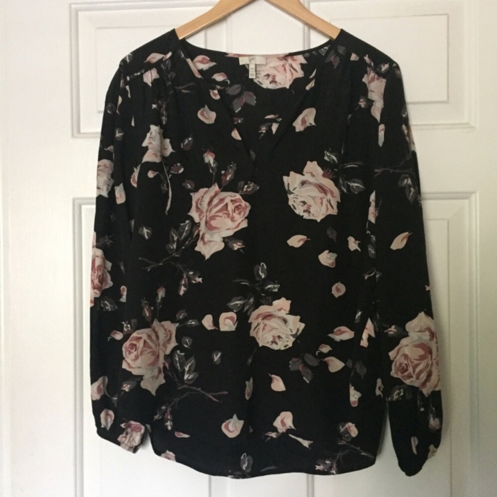 Joie Black Pink Floral Silk Long Sleeve Blouse M